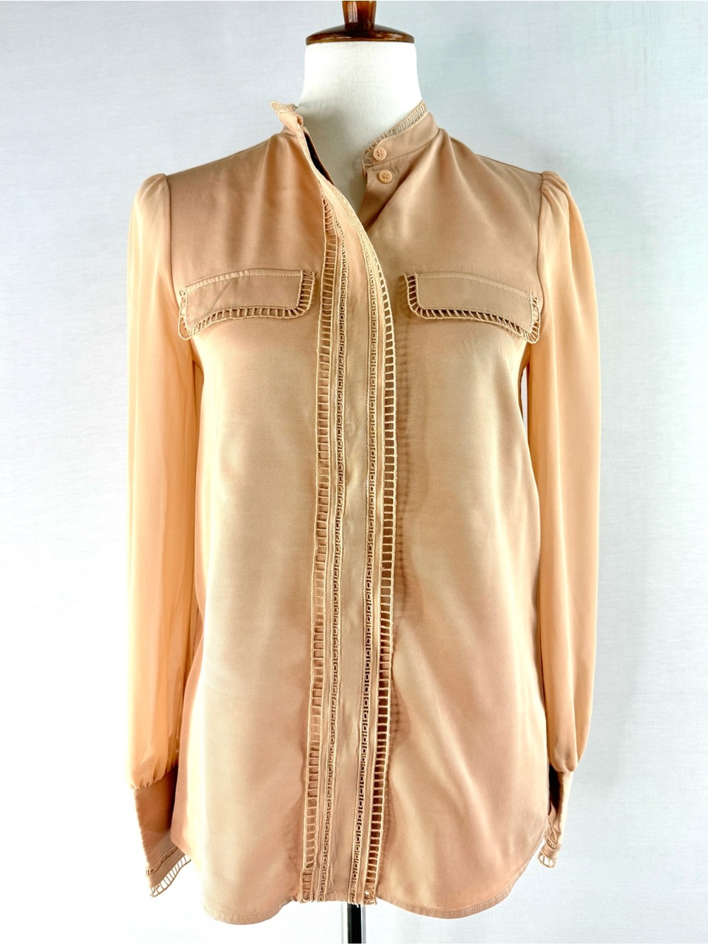REISS Felicia Nude Ladder Trim Button Front Long Sleeve Blouse